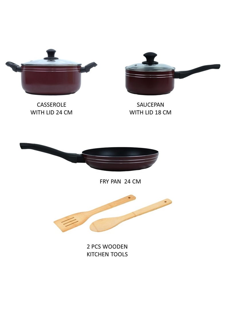 Auroware Non stick 7 Piece Cookware Set Pressed Aluminum Dishwasher safe Casserole and Frying pan with Lid Kitchen tools