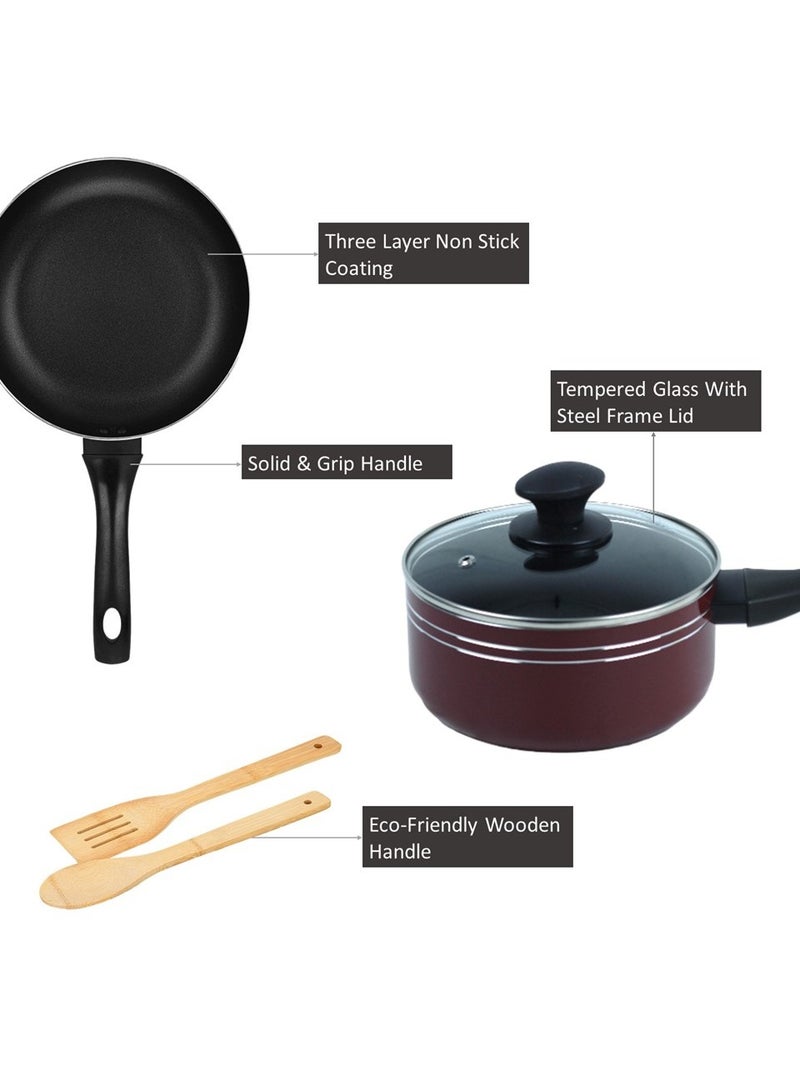 Auroware Non stick 7 Piece Cookware Set Pressed Aluminum Dishwasher safe Casserole and Frying pan with Lid Kitchen tools