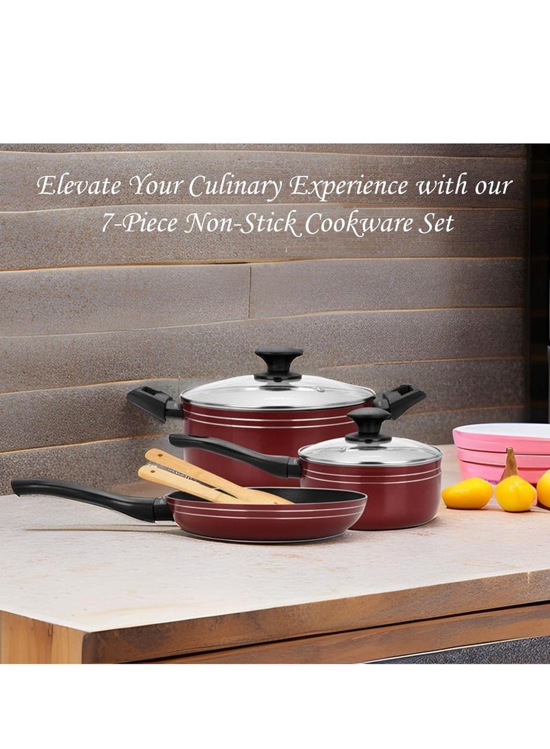 Auroware Non stick 7 Piece Cookware Set Pressed Aluminum Dishwasher safe Casserole and Frying pan with Lid Kitchen tools
