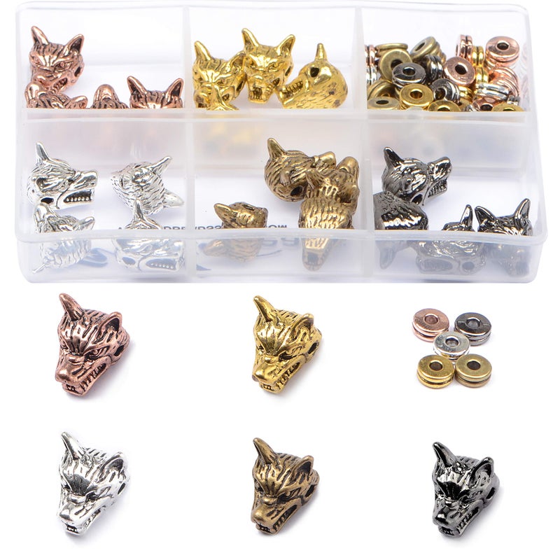 AD BEADS ADBEADS 75 Pieces in 5 Colors 25 Pieces Wolf Beads Plus Matching 50 Pieces Double Heishi Spacers Connector Charm Beads Jewelry Making Craft - Image 3