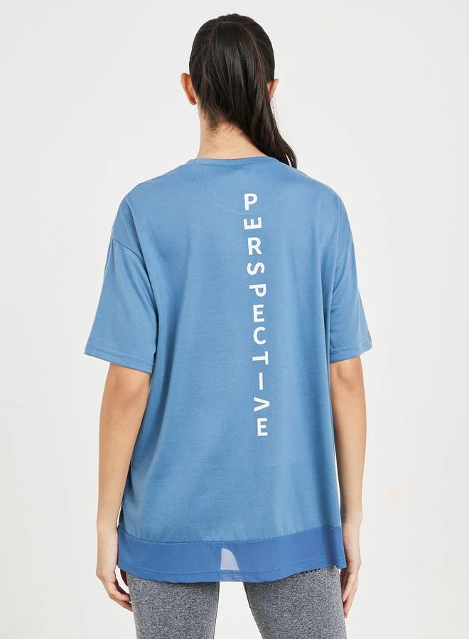 Styli Perspective Back Print Mesh Detail Loose Yoga Fit Top