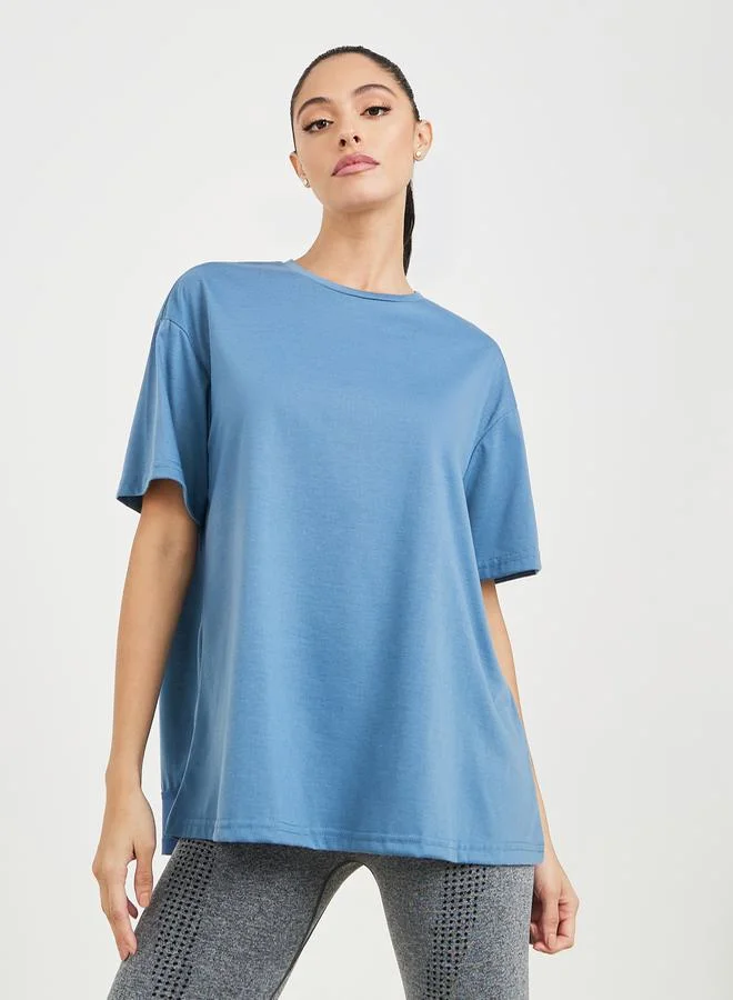 Styli Perspective Back Print Mesh Detail Loose Yoga Fit Top