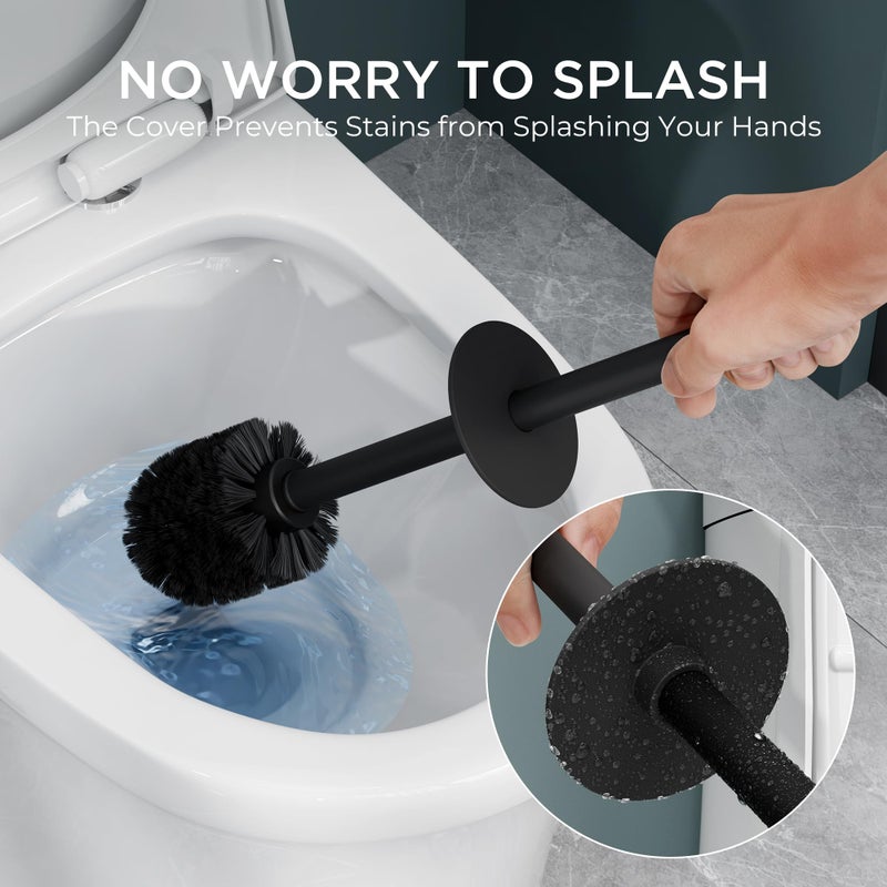 FORIOUS Toilet Brush and Holder Set, Heavy Duty 304 Stainless Steel Base Square and Long Handle for Bathroom Deep Cleaning, Drip-Proof, Space Saving for Storage, 2 Toilet Bowl Brush Head, Black - Image 5