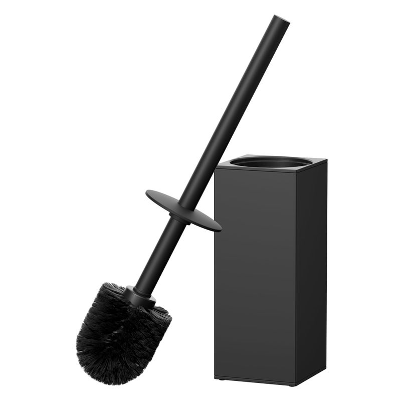 FORIOUS Toilet Brush and Holder Set, Heavy Duty 304 Stainless Steel Base Square and Long Handle for Bathroom Deep Cleaning, Drip-Proof, Space Saving for Storage, 2 Toilet Bowl Brush Head, Black - Image 1