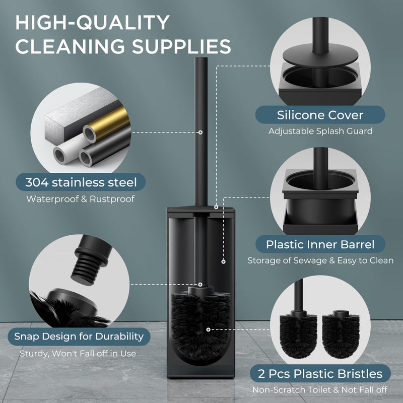 FORIOUS Toilet Brush and Holder Set, Heavy Duty 304 Stainless Steel Base Square and Long Handle for Bathroom Deep Cleaning, Drip-Proof, Space Saving for Storage, 2 Toilet Bowl Brush Head, Black - Image 2