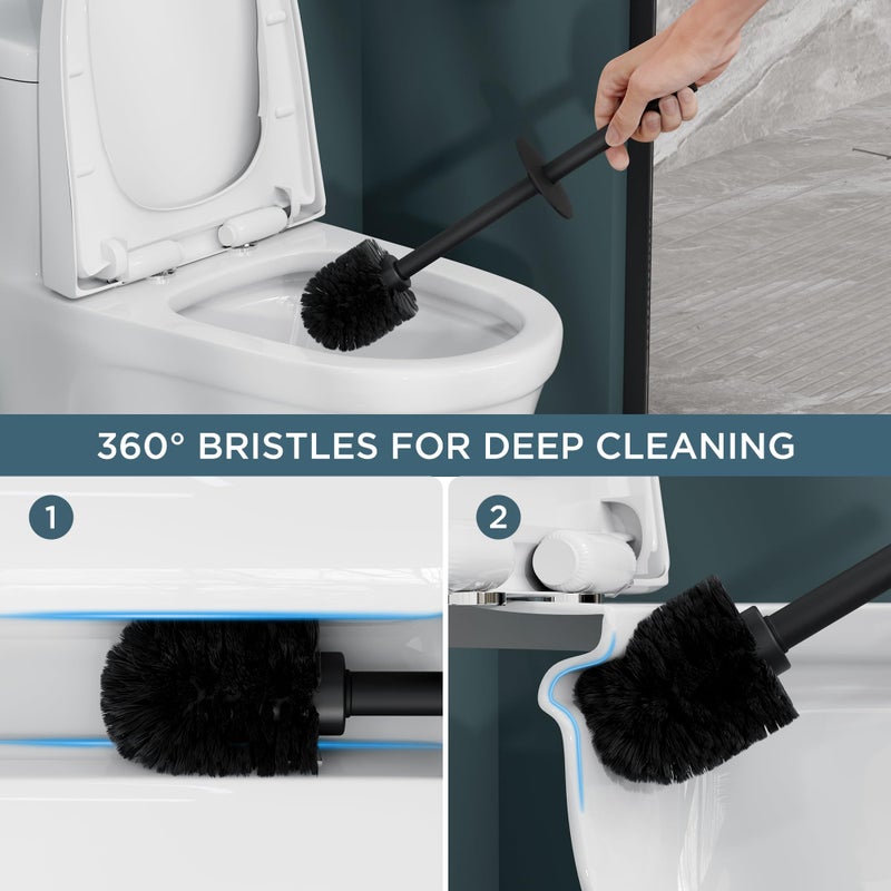 FORIOUS Toilet Brush and Holder Set, Heavy Duty 304 Stainless Steel Base Square and Long Handle for Bathroom Deep Cleaning, Drip-Proof, Space Saving for Storage, 2 Toilet Bowl Brush Head, Black - Image 3