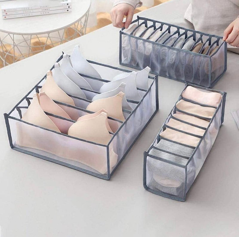 RIANZ Underwear Drawer Organizer Set- Foldable Storage Divider Boxes Includes 6/7/11 Cell Collapsible Closet Compartments for Socks Bras Ties Lingerie Scarves Organizing (Pack of 3) (plastic, nylon) - Image 3
