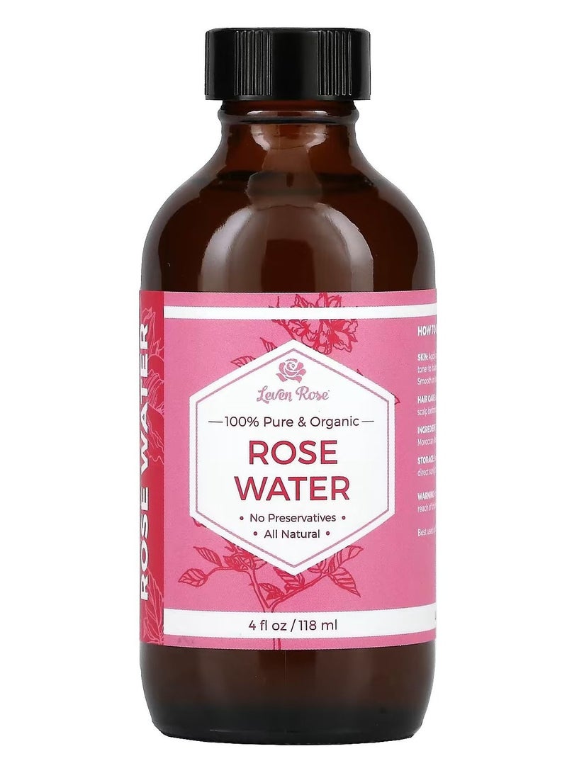 Leven Rose Pure and Organic Rose Water Hair Oil 4 oz 118 ml