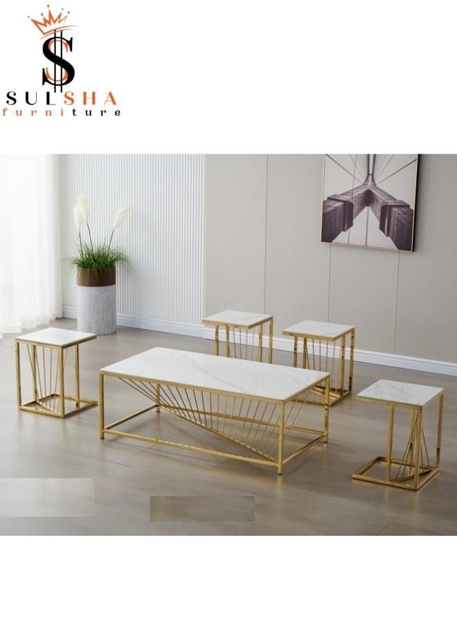 SULSHA Modern Ceramic Top Coffee Table Set With Gold Steel Base 1+4 - Image 1
