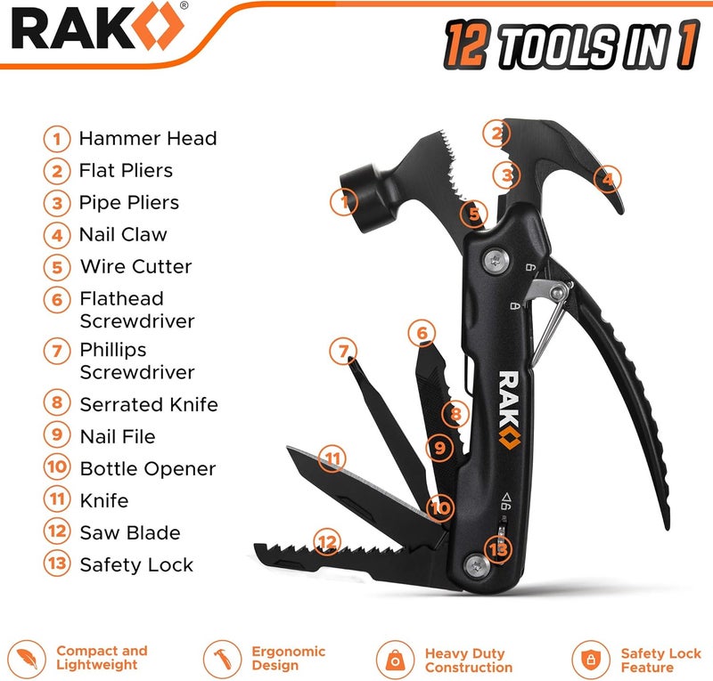 RAK Hammer Multitool BirthdayGifts for Men - Cool Unique Gifts Who Have Everything - Compact DIY Survival Multi Tool - Backpacking & Camping Accessories - Gadget Gifts - Image 2