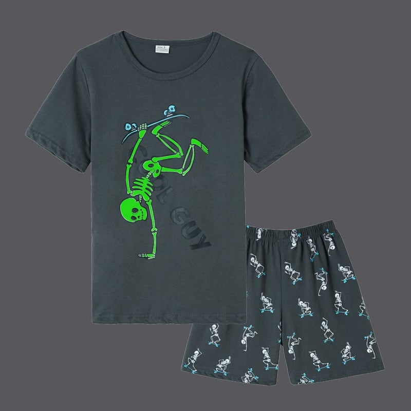 MyFav Boys Pajamas Kids Glow in The Dark Cute Sleepwear 2 Piece Pjs Set, Green Skateboard, 8Y - Image 2