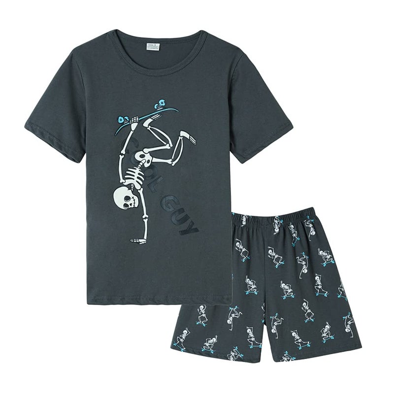 MyFav Boys Pajamas Kids Glow in The Dark Cute Sleepwear 2 Piece Pjs Set, Green Skateboard, 8Y - Image 1