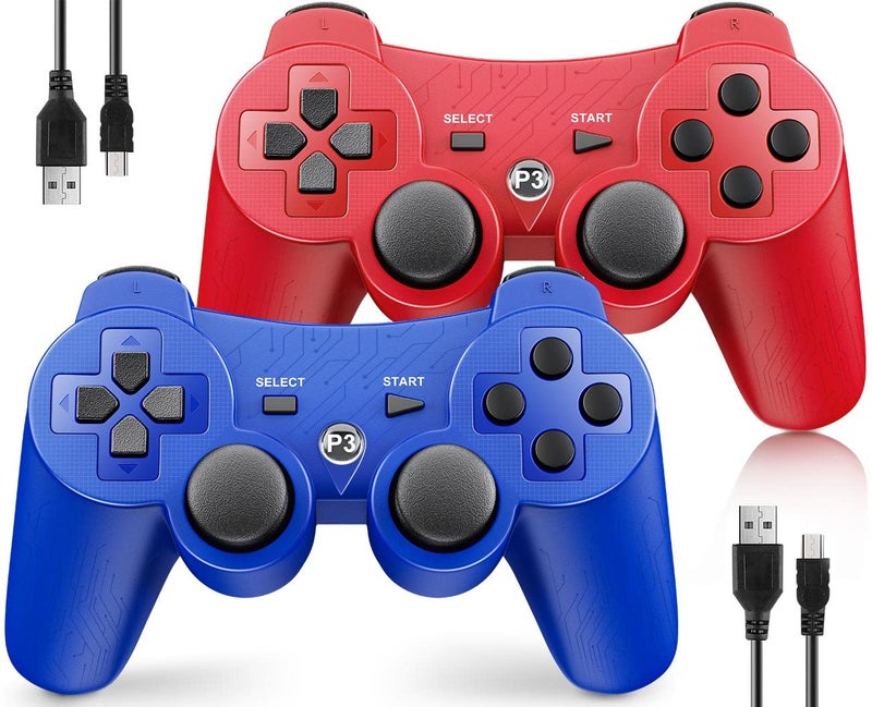 OKHAHA Controller 2 Pack for PS3 Wireless Controller for Sony Playstation 3, Double Shock 3, Bluetooth, Rechargeable, Motion Sensor, Remote for PS3 (With Stripes(Blue + Red)) - Image 1