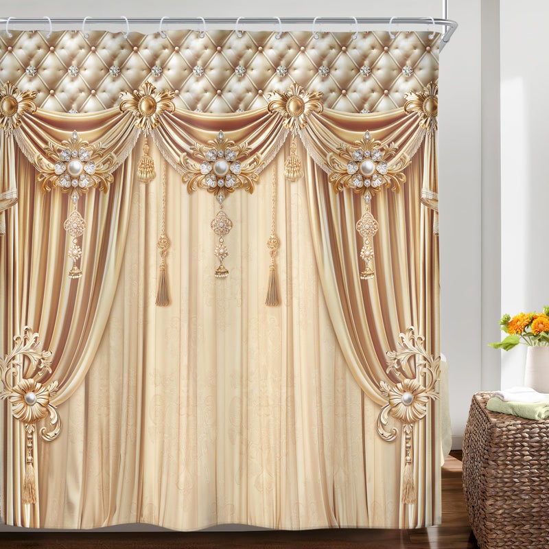 Riyidecor Gold Golden Printed Shower Curtain (No Tie Back) Luxury Bridal Shower Champagne Elegant Modern European Style Vintage 72Wx72H Inch Fabric Decor Bathroom Polyester Waterproof 12 Pack Hooks - Image 2