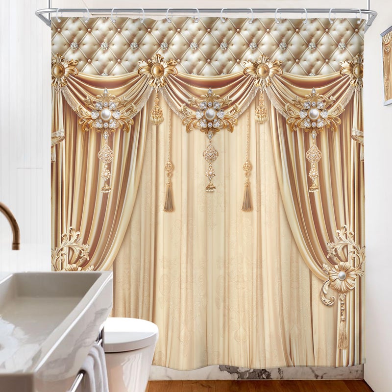 Riyidecor Gold Golden Printed Shower Curtain (No Tie Back) Luxury Bridal Shower Champagne Elegant Modern European Style Vintage 72Wx72H Inch Fabric Decor Bathroom Polyester Waterproof 12 Pack Hooks - Image 4