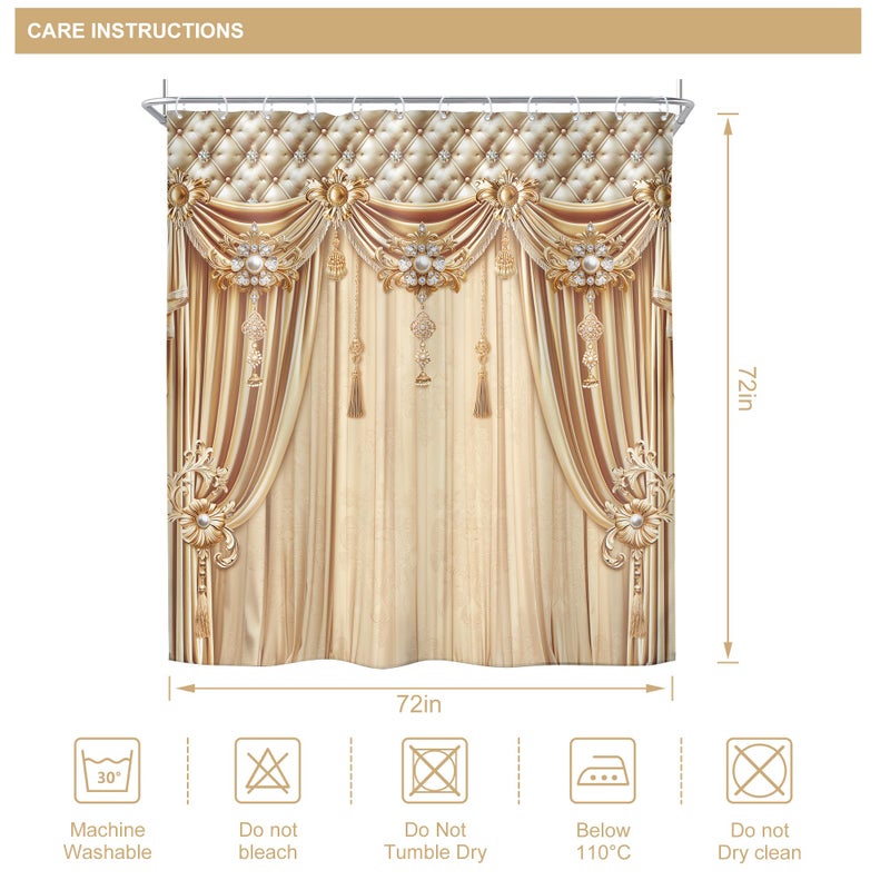 Riyidecor Gold Golden Printed Shower Curtain (No Tie Back) Luxury Bridal Shower Champagne Elegant Modern European Style Vintage 72Wx72H Inch Fabric Decor Bathroom Polyester Waterproof 12 Pack Hooks - Image 5