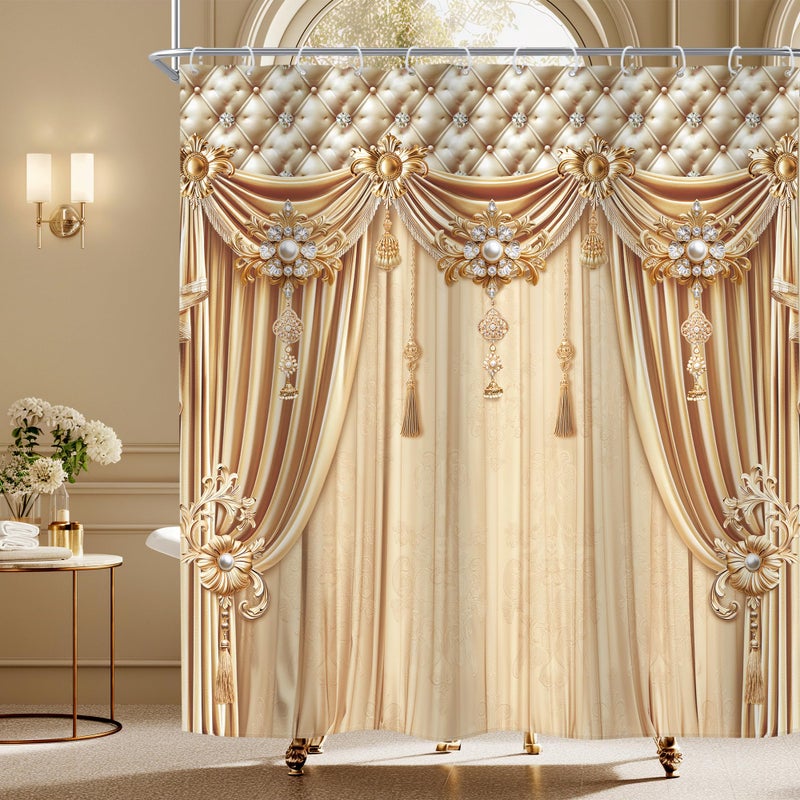 Riyidecor Gold Golden Printed Shower Curtain (No Tie Back) Luxury Bridal Shower Champagne Elegant Modern European Style Vintage 72Wx72H Inch Fabric Decor Bathroom Polyester Waterproof 12 Pack Hooks - Image 1