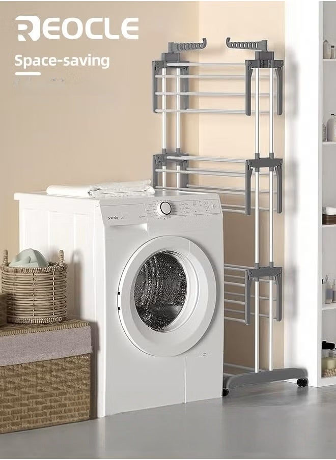 ريوكل رف تجفيف الملابس رف تجفيف كبير الحجم من 4 طبقات (67.7 بوصة) رف تجفيف قابل للطي من الفولاذ المقاوم للصدأ رف تجفيف متحرك للملابس مع 4 عجلات 24 عمود تجفيف و 14 خطافا لأغطية السرير والملابس - Image 5