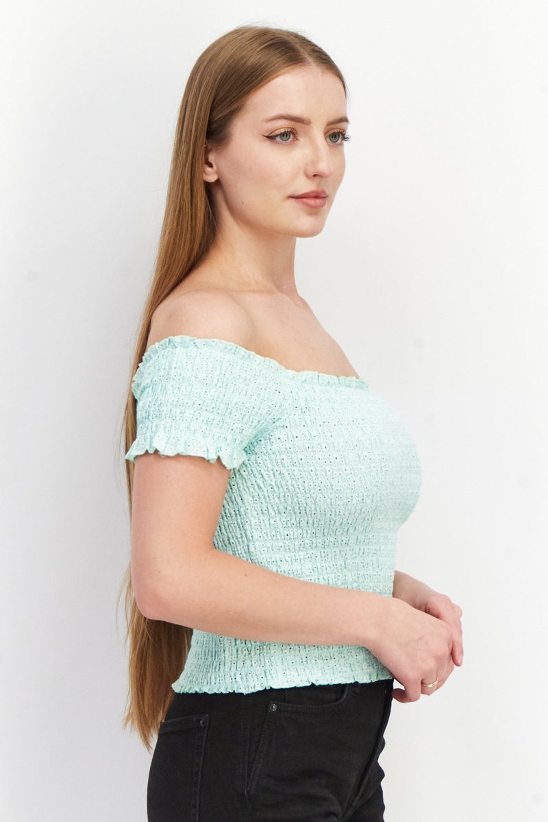 STEVE MADDEN بي بي داكوتا بواسطة ستيف مادن بلوزة قصيرة الأكمام ذات الكتف المكشوف، تركواز - Image 3