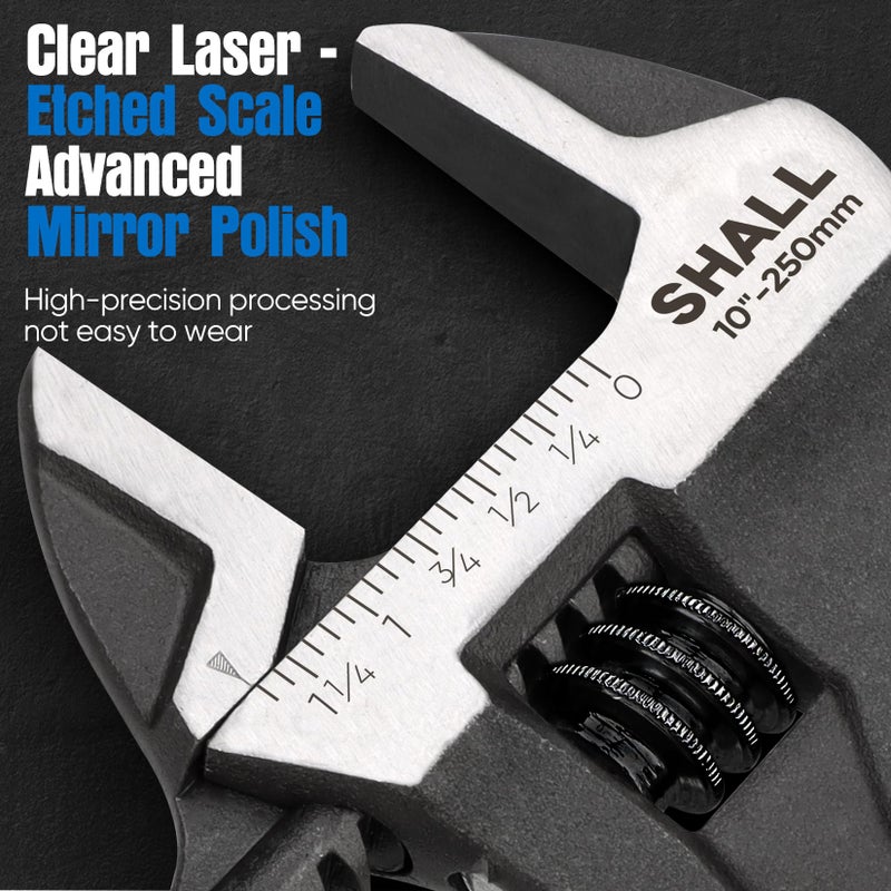 SHALL 3-Piece Adjustable Wrench Set, 10/8/6 Inch Cr-V Steel Wrench with Cushion Grip, Wide Jaw Black Oxide Wrench with Laser-etched SAE Scales for Home, Garage, Workshop and DIY, Dark Blue - Image 4
