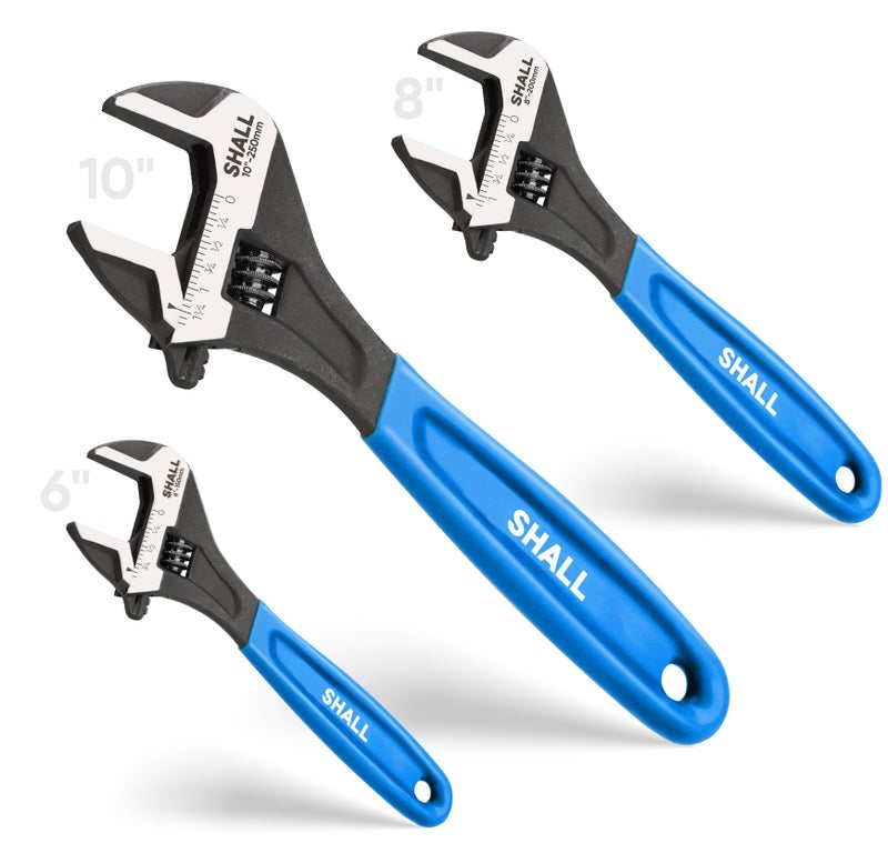 SHALL 3-Piece Adjustable Wrench Set, 10/8/6 Inch Cr-V Steel Wrench with Cushion Grip, Wide Jaw Black Oxide Wrench with Laser-etched SAE Scales for Home, Garage, Workshop and DIY, Dark Blue - Image 1