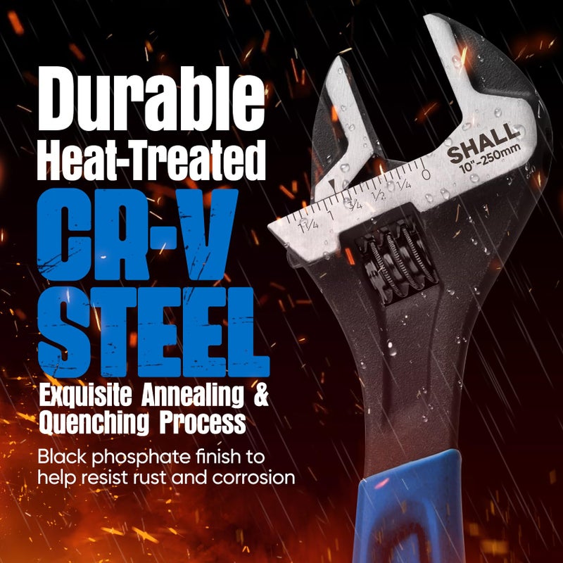 SHALL 3-Piece Adjustable Wrench Set, 10/8/6 Inch Cr-V Steel Wrench with Cushion Grip, Wide Jaw Black Oxide Wrench with Laser-etched SAE Scales for Home, Garage, Workshop and DIY, Dark Blue - Image 3