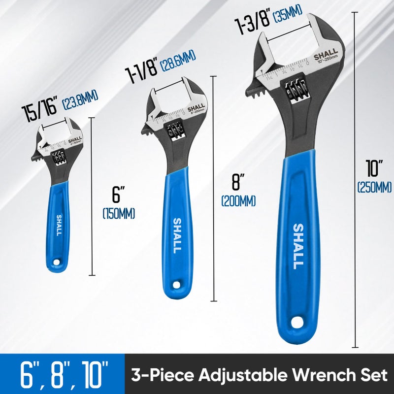 SHALL 3-Piece Adjustable Wrench Set, 10/8/6 Inch Cr-V Steel Wrench with Cushion Grip, Wide Jaw Black Oxide Wrench with Laser-etched SAE Scales for Home, Garage, Workshop and DIY, Dark Blue - Image 2