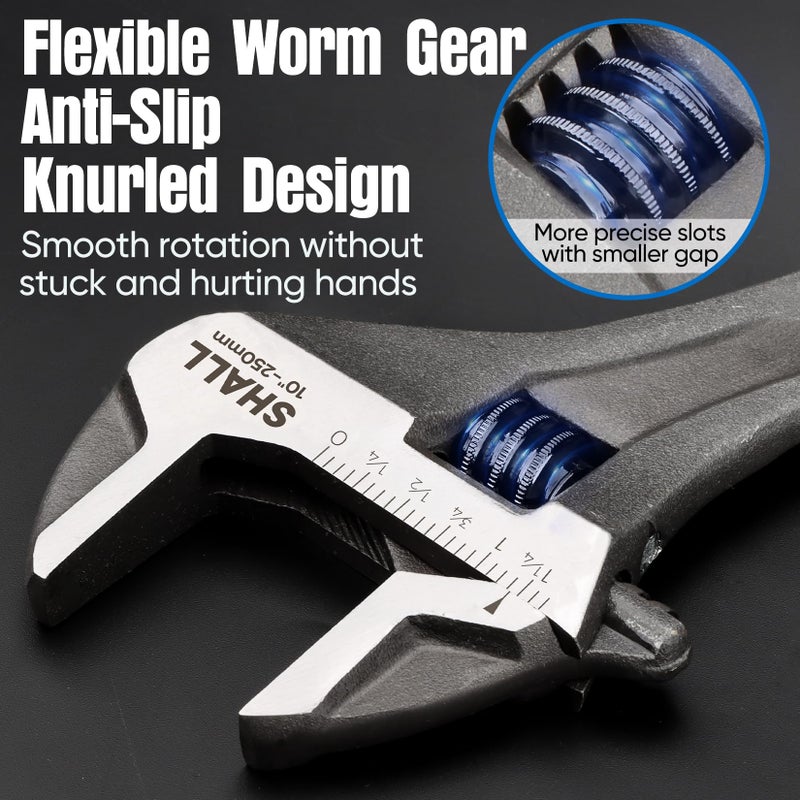 SHALL 3-Piece Adjustable Wrench Set, 10/8/6 Inch Cr-V Steel Wrench with Cushion Grip, Wide Jaw Black Oxide Wrench with Laser-etched SAE Scales for Home, Garage, Workshop and DIY, Dark Blue - Image 5