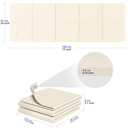 READAEER Foldable Yoga Mat for Travel Folding Yoga Mat 6mm Thick with Carrying Bag, Non-Slip TPE Exercise Pilates Mat for 72" L x 24" W x 0.24 Inch (Beige) - Image 2