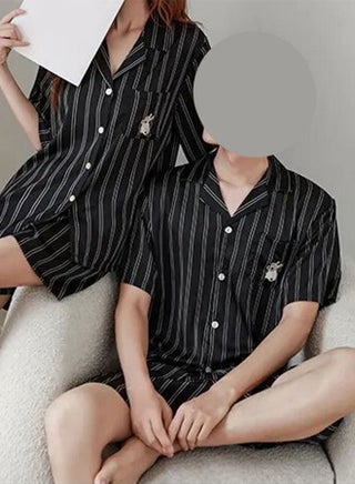 Couple Matching Stripe Half Sleeve Shirt and Shorts Pajamas Men Women Cotton Spring Summer 2Pcs Set Black MG09 - pzsku/ZD3419AC245073F40F7FFZ/45/1748842595/6a01fe03-dcdf-4132-a818-50d9d16d4c7f