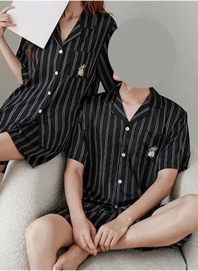 MARGOUN Couple Matching Stripe Half Sleeve Shirt and Shorts Pajamas Men Women Cotton Spring Summer 2Pcs Set Black MG09  - Image 1