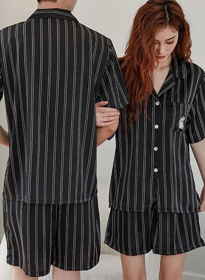 Couple Matching Stripe Half Sleeve Shirt and Shorts Pajamas Men Women Cotton Spring Summer 2Pcs Set Black MG09