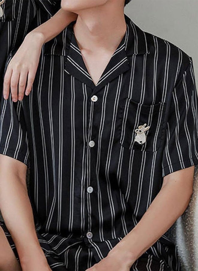 Couple Matching Stripe Half Sleeve Shirt and Shorts Pajamas Men Women Cotton Spring Summer 2Pcs Set Black MG09