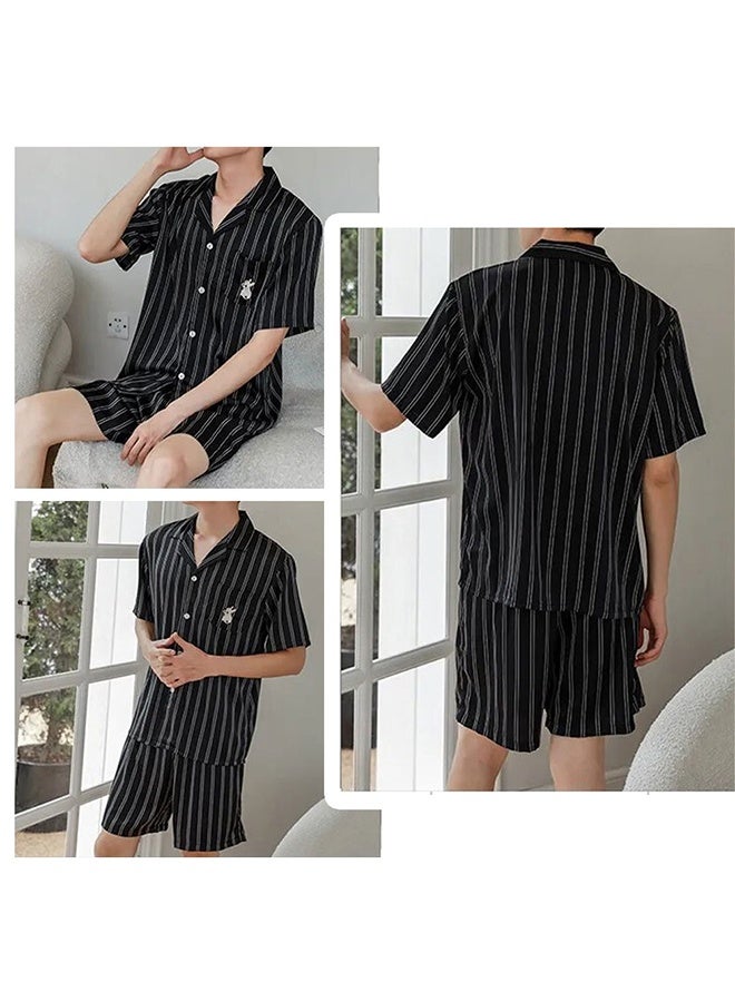 Couple Matching Stripe Half Sleeve Shirt and Shorts Pajamas Men Women Cotton Spring Summer 2Pcs Set Black MG09