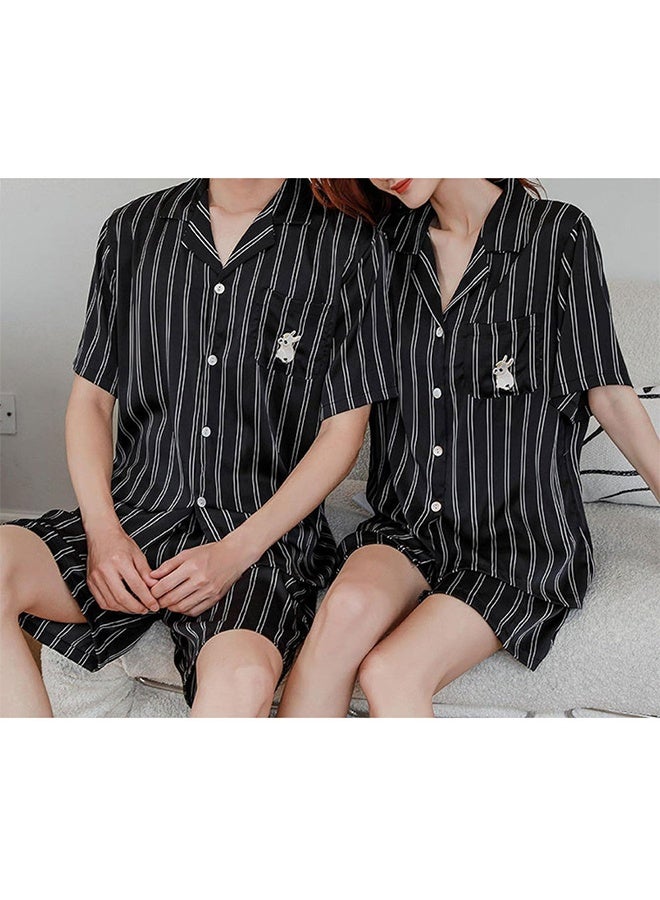 Couple Matching Stripe Half Sleeve Shirt and Shorts Pajamas Men Women Cotton Spring Summer 2Pcs Set Black MG09