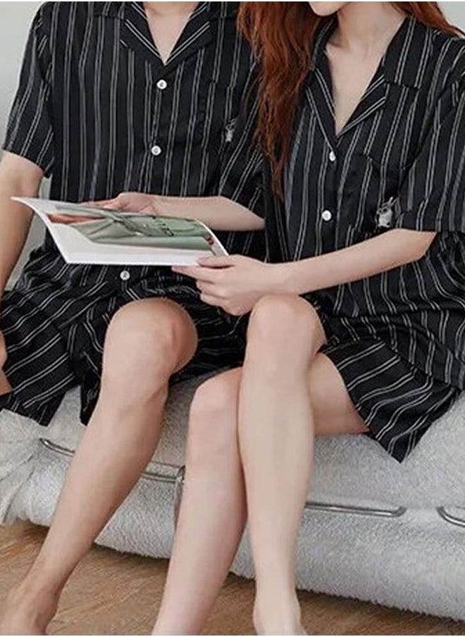 MARGOUN Couple Matching Stripe Half Sleeve Shirt and Shorts Pajamas Men Women Cotton Spring Summer 2Pcs Set Black MG09  - Image 3