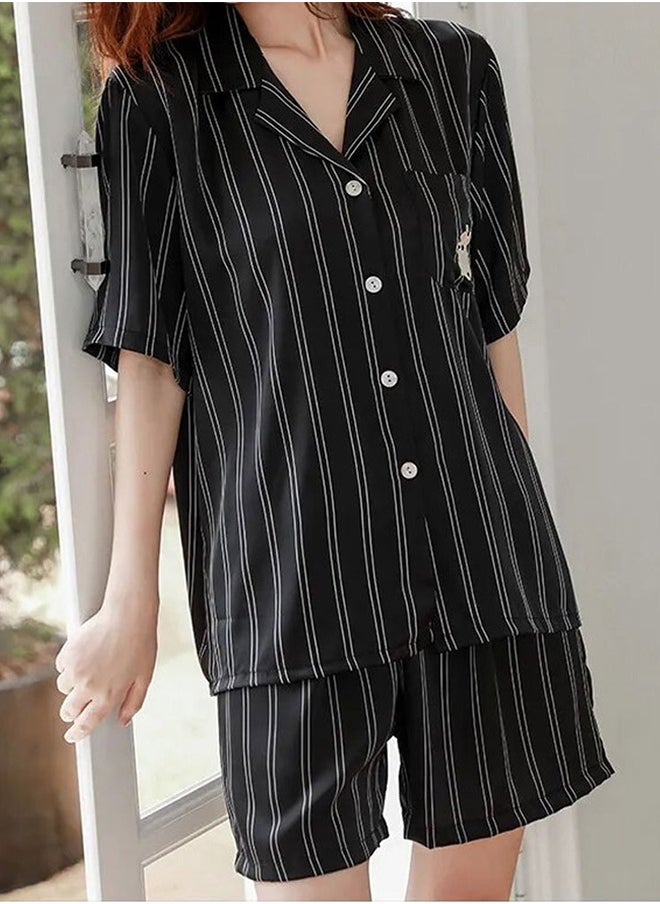 MARGOUN Couple Matching Stripe Half Sleeve Shirt and Shorts Pajamas Men Women Cotton Spring Summer 2Pcs Set Black MG09  - Image 4