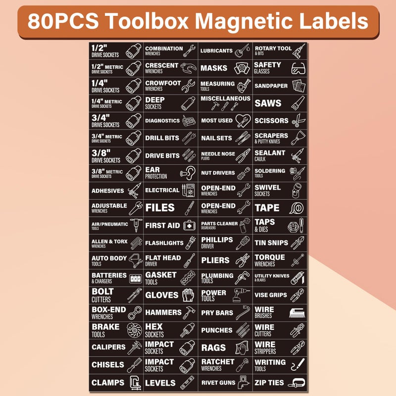Abudada Magnetic Tool Drawer Labels 80 Pcs, Tool Chest Drawer Organizer Icon Tags with Strong Magnets, Accessories for Steel Tool Storage Cabinets, 3" x 1" - Image 4