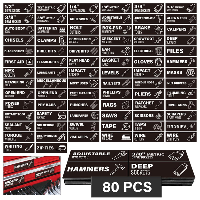 Abudada Magnetic Tool Drawer Labels 80 Pcs, Tool Chest Drawer Organizer Icon Tags with Strong Magnets, Accessories for Steel Tool Storage Cabinets, 3" x 1" - Image 1