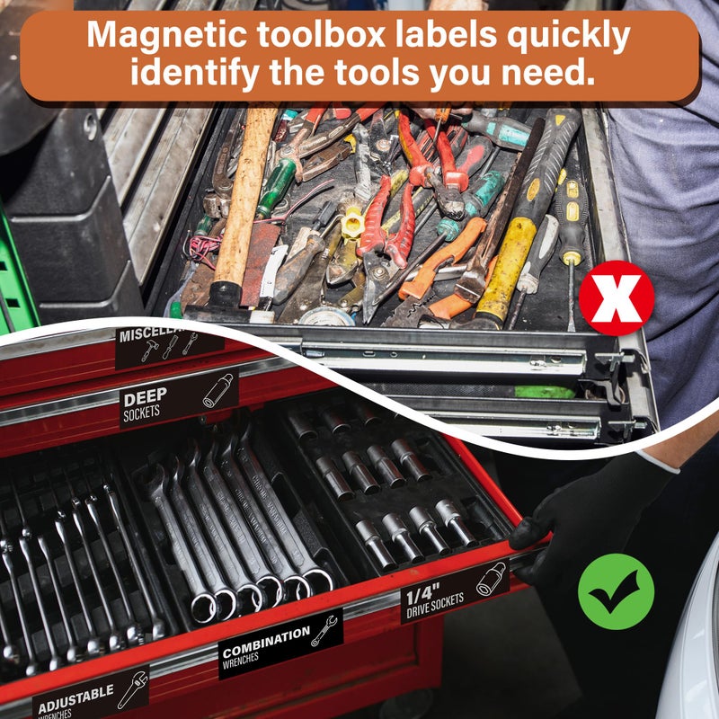 Abudada Magnetic Tool Drawer Labels 80 Pcs, Tool Chest Drawer Organizer Icon Tags with Strong Magnets, Accessories for Steel Tool Storage Cabinets, 3" x 1" - Image 5
