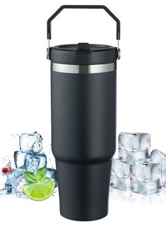 BUPY 30 Oz Stainless Steel Insulated Tumbler Coffee Cup with Flip Straw Mouth Lid & Rotating Handle for Travel Sports, Keep Drinks Cold 24 Hours, Cup holder Friendly, Black 