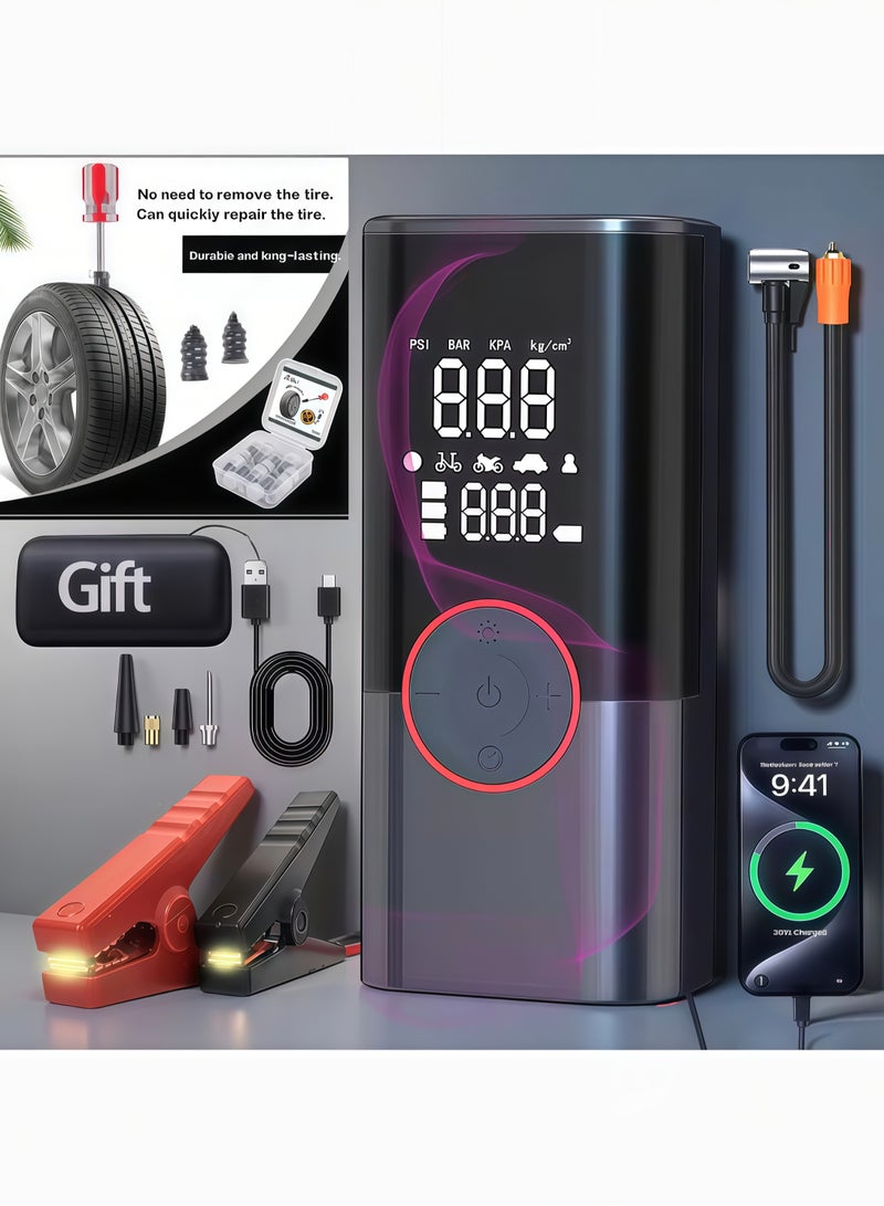 Jump Starter with Air Compressor 1000A 12V 150PSI 38.48Wh Car Battery Jump Starter  with Display and Emergency Light，10 Tire Repair Plugs Included - Image 1