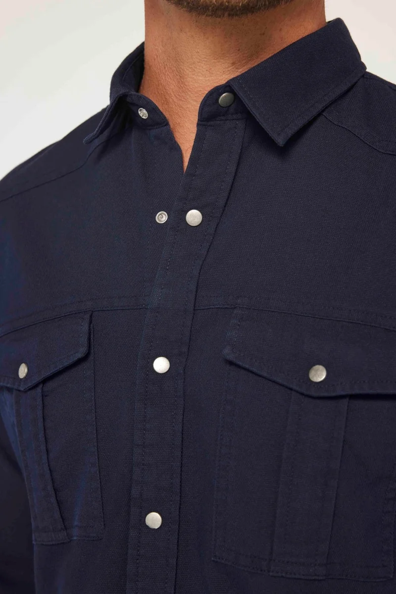 تودورس Men's Slim Fit Long Sleeve Sports Collar Washed Double Pocket Dobby Denim Navy Blue Shirt