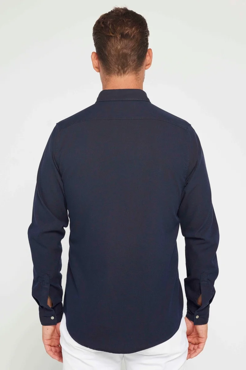 تودورس Men's Slim Fit Long Sleeve Sports Collar Washed Double Pocket Dobby Denim Navy Blue Shirt