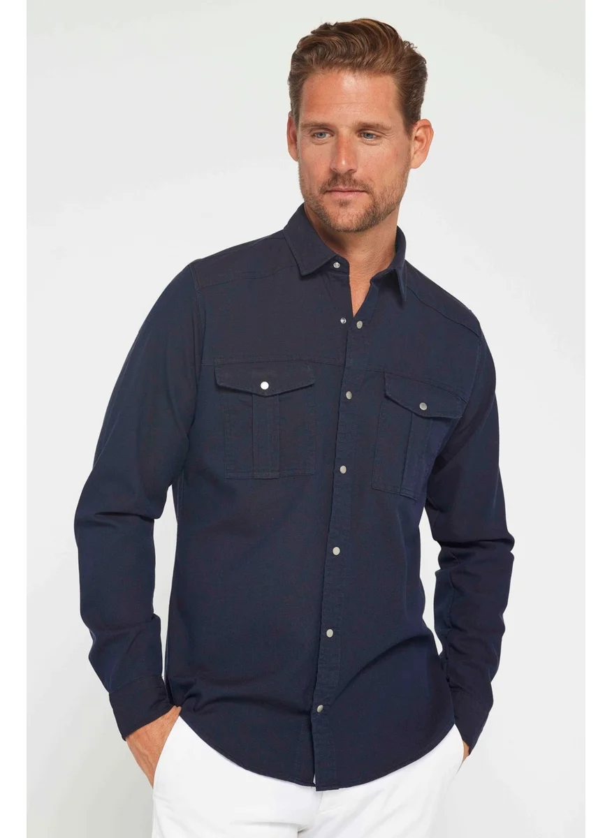 Tudors Men's Slim Fit Long Sleeve Sports Collar Washed Double Pocket Dobby Denim Navy Blue Shirt