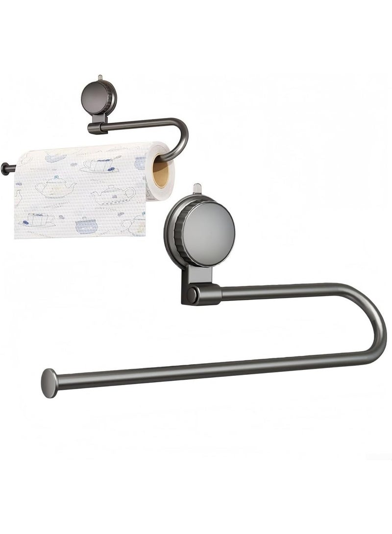 هومستر حامل ورق المطبخ بمنفذ سحب معدني وأكواب شفط - مثبت على الحائط، موزع لفات الورق للمطبخ والحمام بدون حفر، موفر للمساحة (رمادي) - Image 1