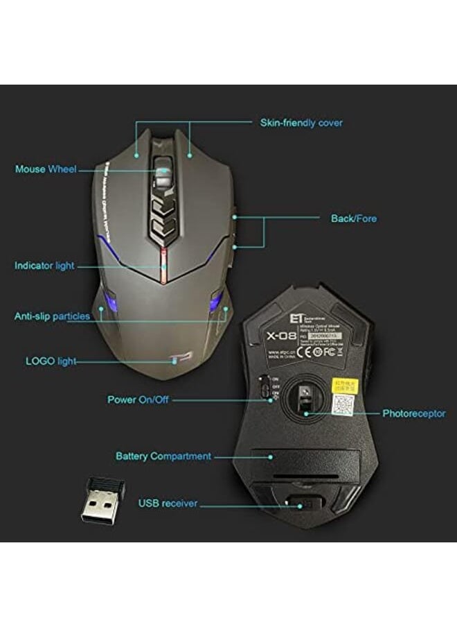 Sky Touch Wireless Gaming Mouse With Unique Silent Click Ergonomic Grips 2400 Dpi 2 Programmable Side Buttons Breathing Backlit 7 Button Design Black