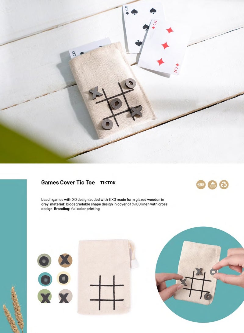 uy Linen Tic Tac Toe Game Pouch – Eco-Friendly XO Set, Glazed Wooden Pieces, Travel Game Bag 