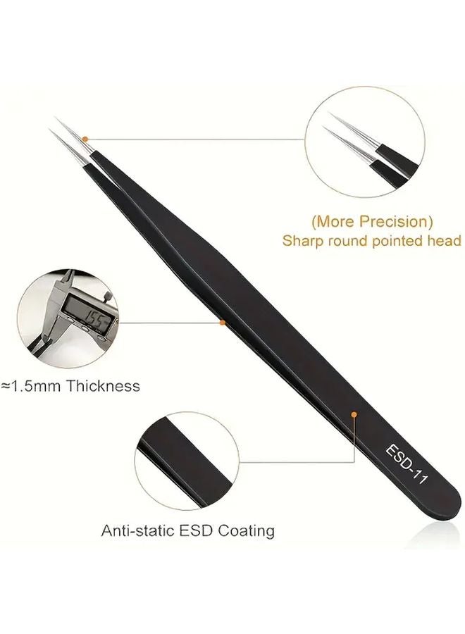 6 قطع ملقط ستانلس ستيل مضاد للكهرباء الساكنة محمول ودقيق باللون الأسود - Image 4