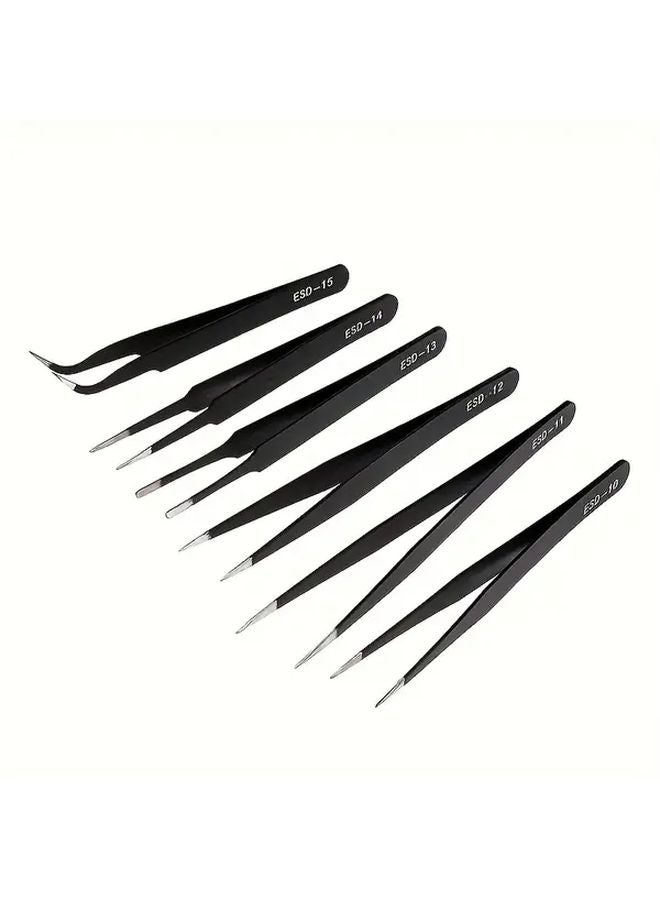 6 قطع ملقط ستانلس ستيل مضاد للكهرباء الساكنة محمول ودقيق باللون الأسود - Image 1